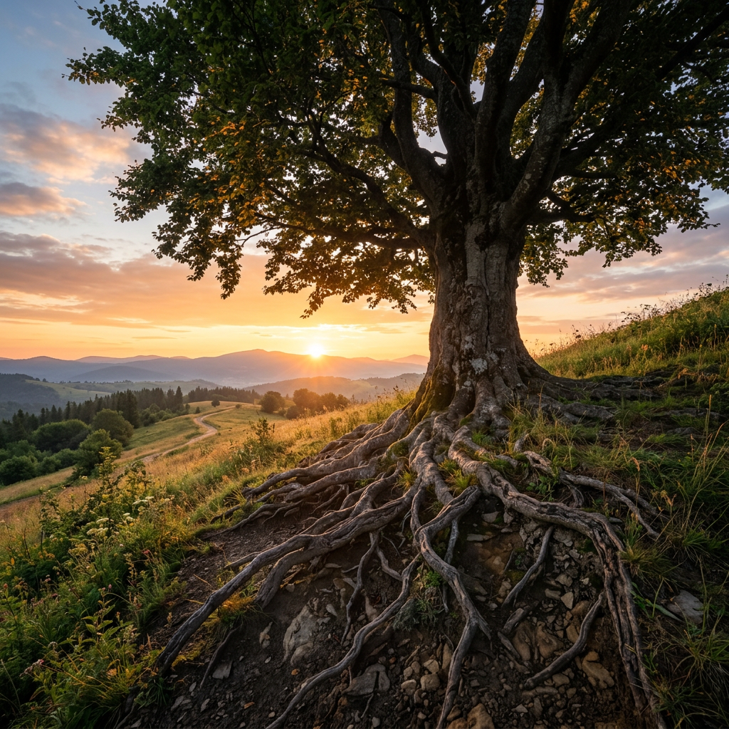 Large tree with extensive exposed roots on a grassy hill at sunset